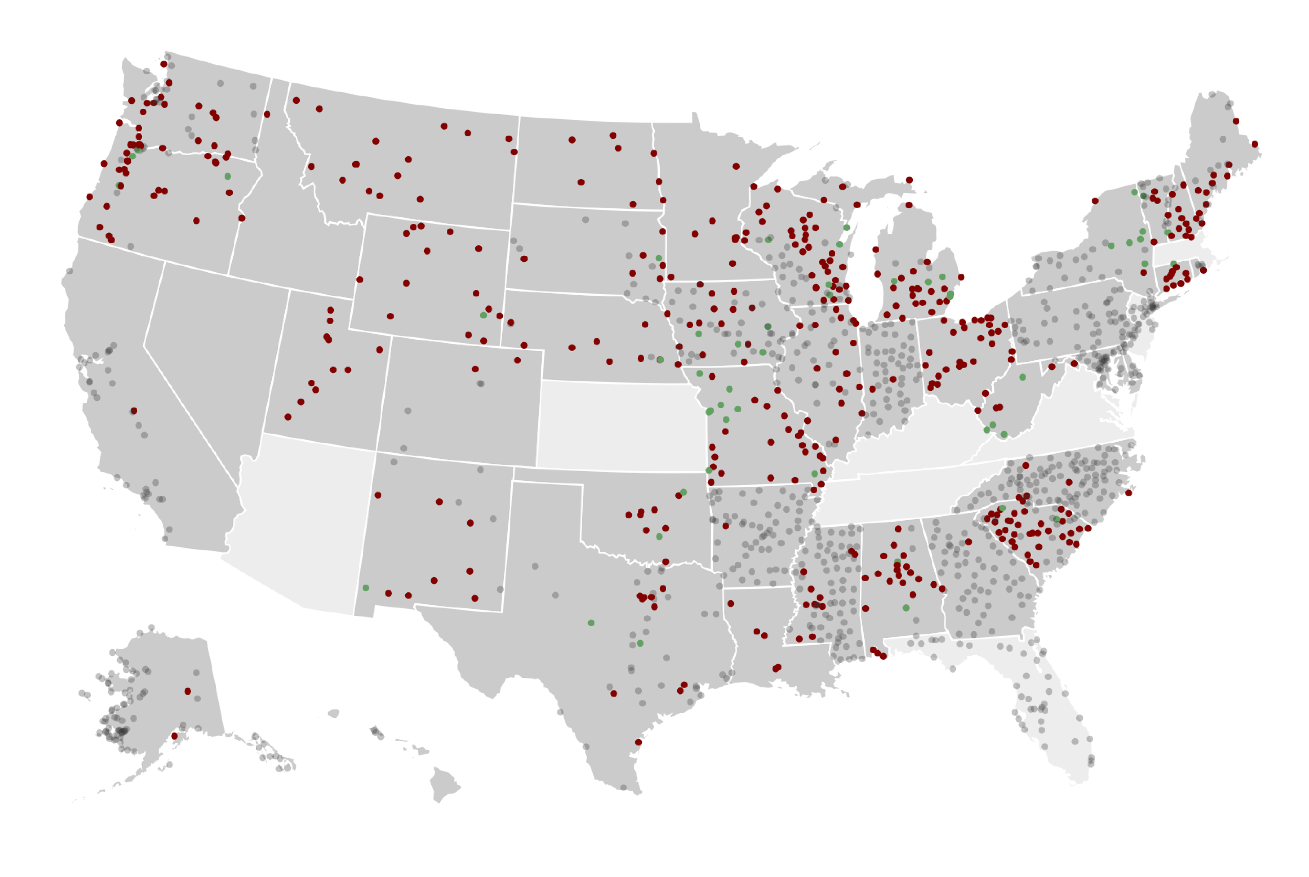 A gray and white map of the United States with red, green, and gray dots that encode where armories are located and whether lead was found there (red if so, green if not, and gray if the data is available).