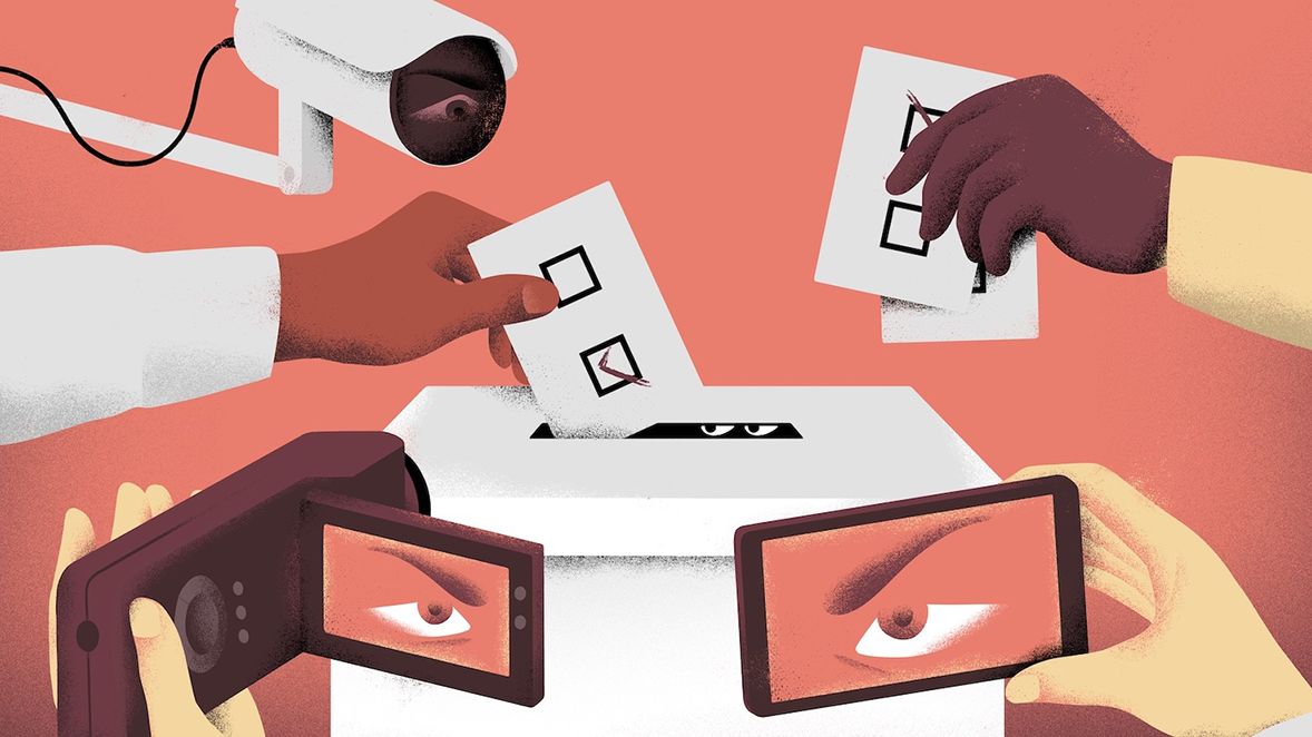Illustration of hands inserting ballots into a box, with other hands recording this on a camera and a phone.