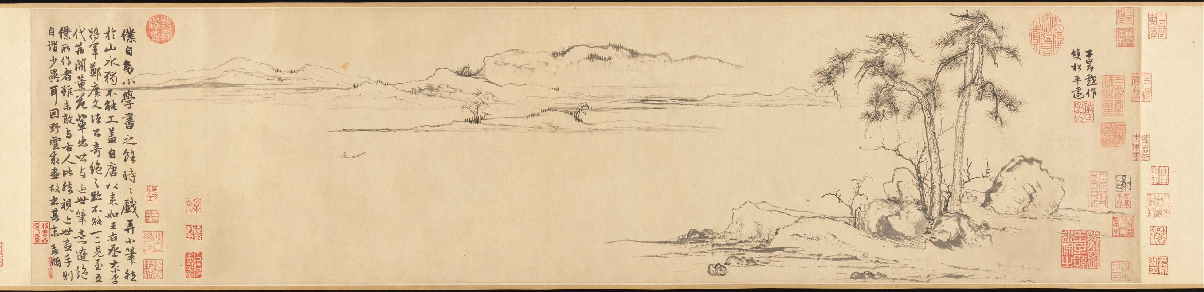A minimalist calligraphic brush painting of a landscape in which mountains are in the background and pines are in the foreground. The painting is on a scroll meant to be viewed from right to left, and seals and text adorn each side.